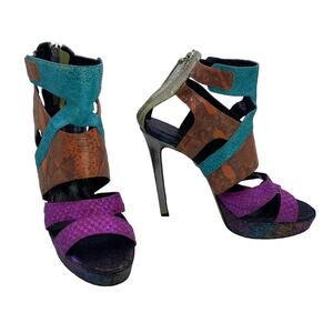 Tania Spinelli Animal Print Colorblock Leather Cutout Platform Heeled Sandals 38